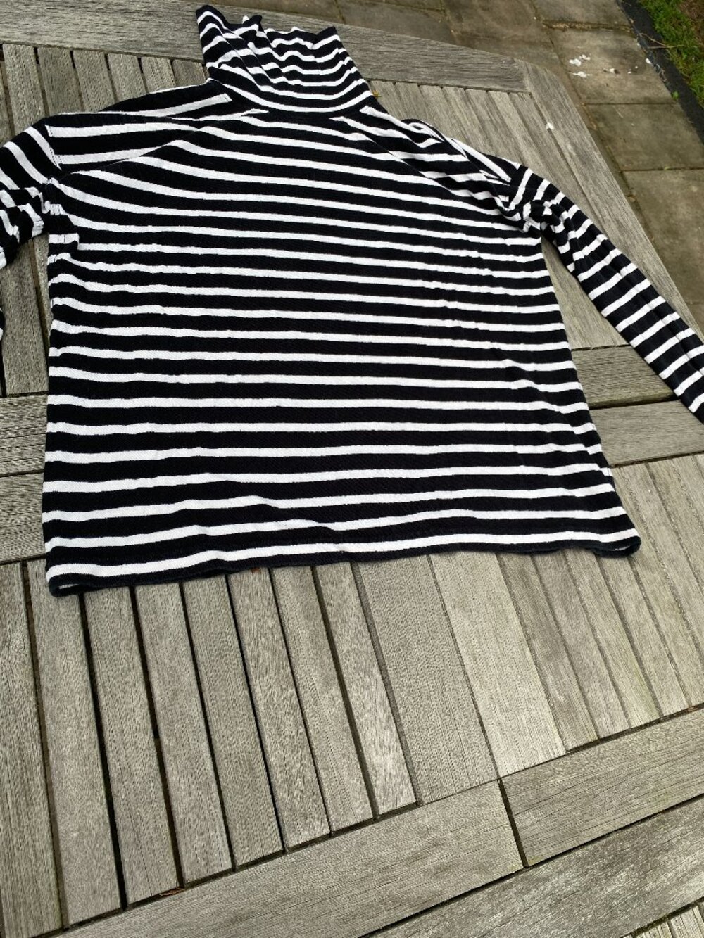 J Crew black and white striped turtle neck--great transitional piece